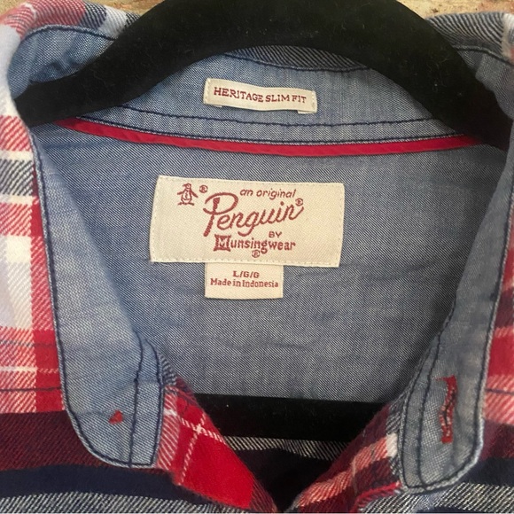 Men’s size large plaid Penguin button up shirt flannel slim fit blue white red - Picture 4 of 5